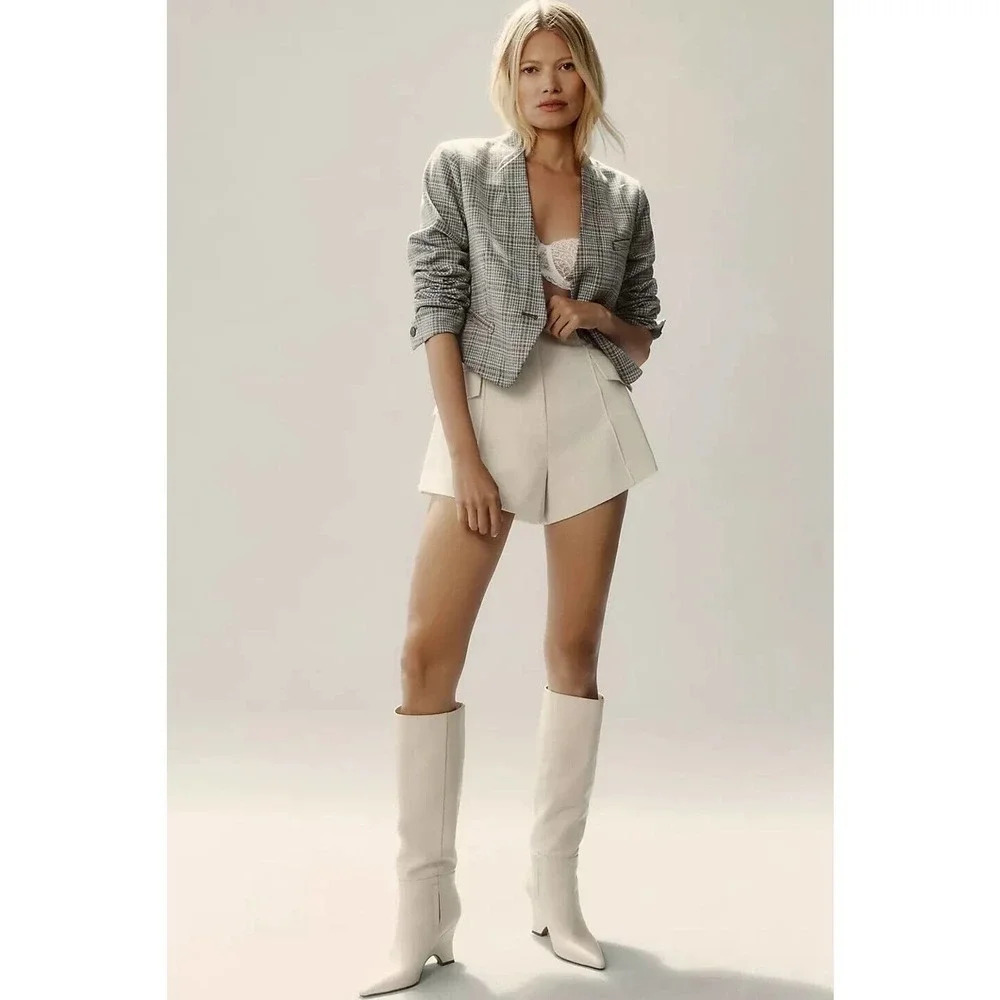 NWT By Anthropologie Hundstooth Cropped Knit Tuxedo Blazer Size US 10